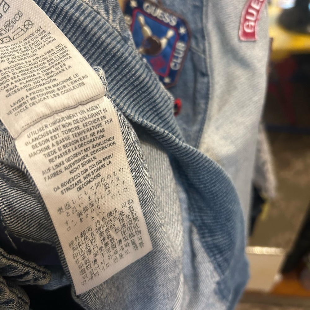 Vintage GUESS Blue Denim Patchwork Jacket S Asymmetrical Bomber - Picture 10 of 12